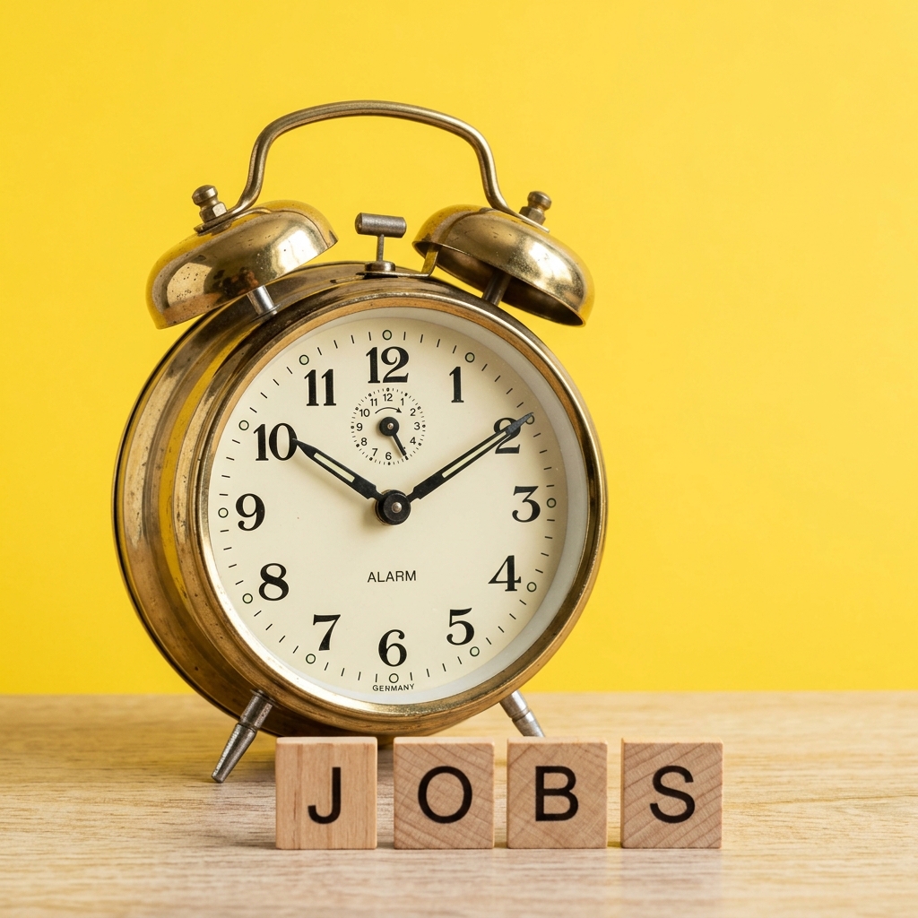 Alarm clock with JOBS letter tiles – when is it time to find a new job?