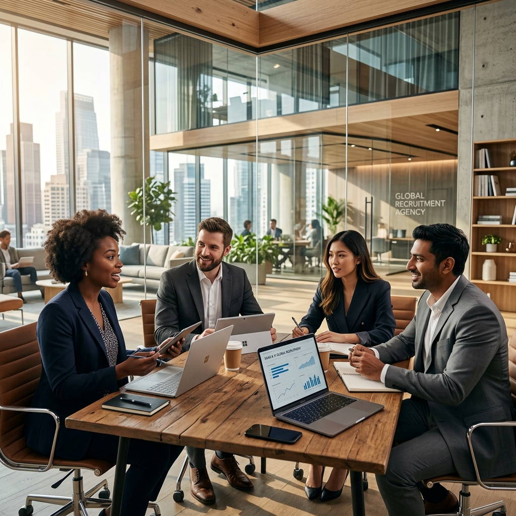 A diverse group of ambitious professionals in a modern, sun-drenched office environment, engaged in collaborative discussion.
