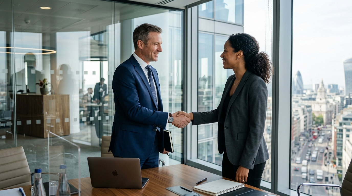 Executives shaking hands after a successful leadership interview.
